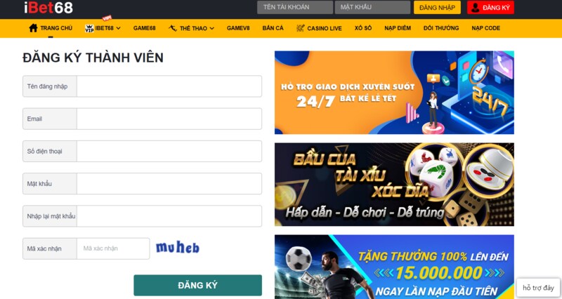Các bước đăng ký tài khoản và nạp tiền tại Ibet68